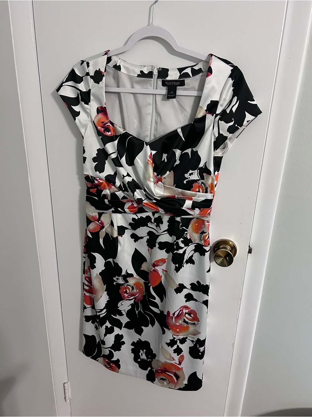 White House Black Market White Floral Midi Dress with Black and Coral Accents
